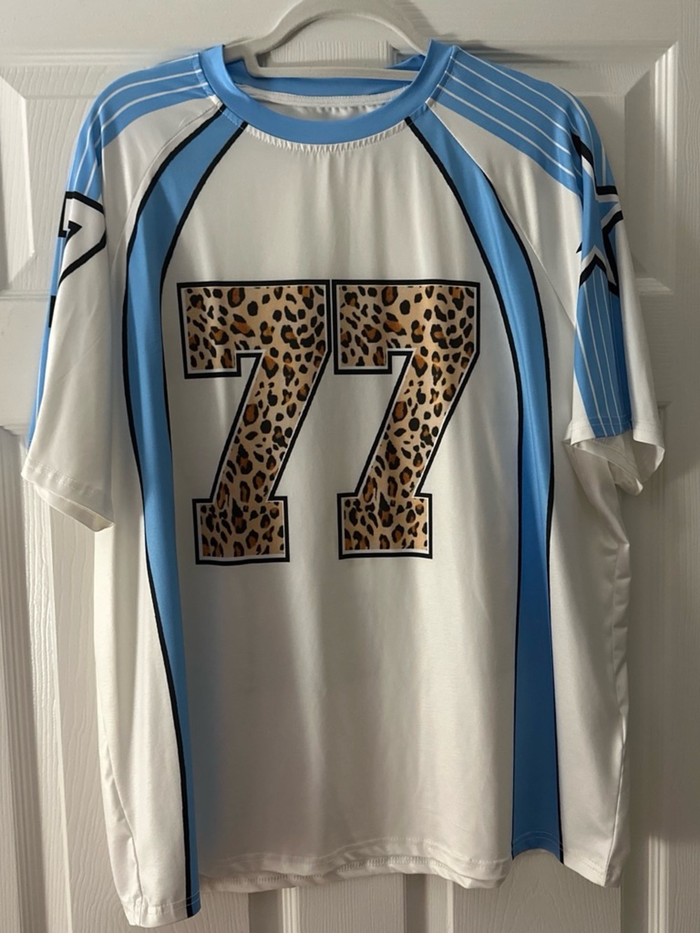 Athletic Jersey Shirt - White with Light Blue Accents and Leopard 77